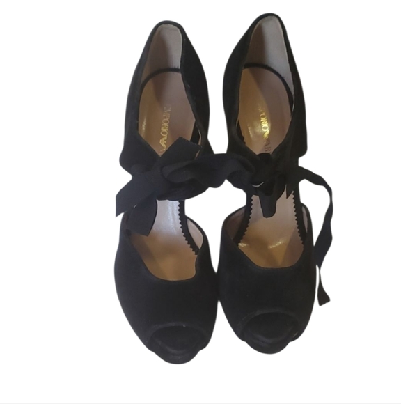 Shoes - Emporio Armani Velvet Black Heels with Ribbon Tie Detail and Rounded Toe Sz 40